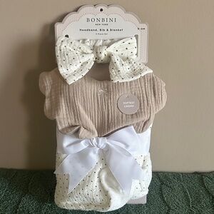 Bobini Baby Headband Bib & Blanket Ivory Beige Polk a Dot Set NEW!